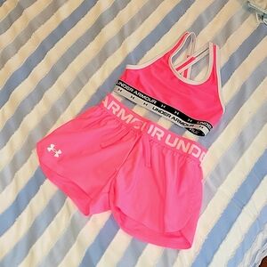 🩷 Pink Girls' Under Armour Cropped Sports Top & Shorts Set, Size Youth Small
